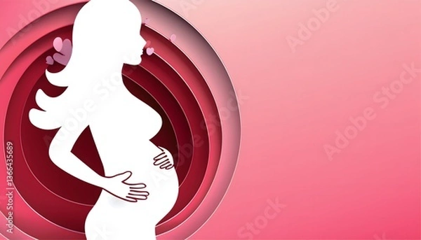 Obraz beautiful smile pregnant mom, papercut illustration, isolated on a pink background, flat vector illustration, copy space for text