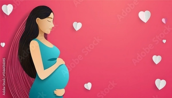 Obraz beautiful smile pregnant mom, papercut illustration, isolated on a pink background, flat vector illustration, copy space for text