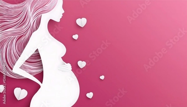 Obraz beautiful smile pregnant mom, papercut illustration, isolated on a pink background, flat vector illustration, copy space for text