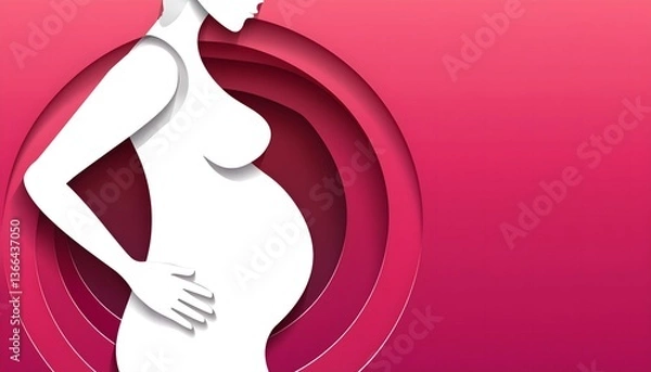 Obraz beautiful smile pregnant mom, papercut illustration, isolated on a pink background, flat vector illustration, copy space for text