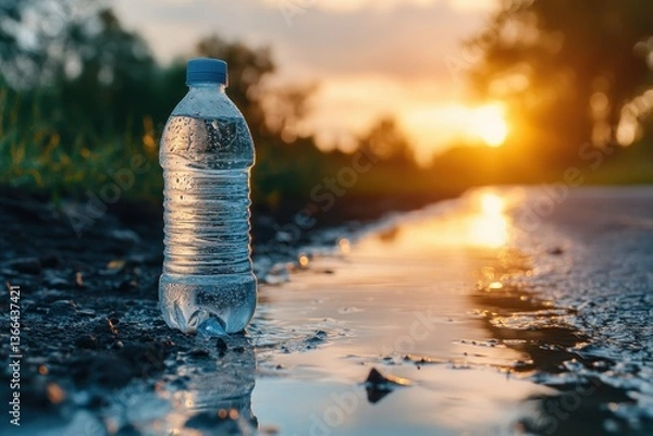 Fototapeta Plastic bottle of water sitting by a puddle reflects warm golden sunlight. Use for hydration, nature, or wellness concepts in advertisements or content.