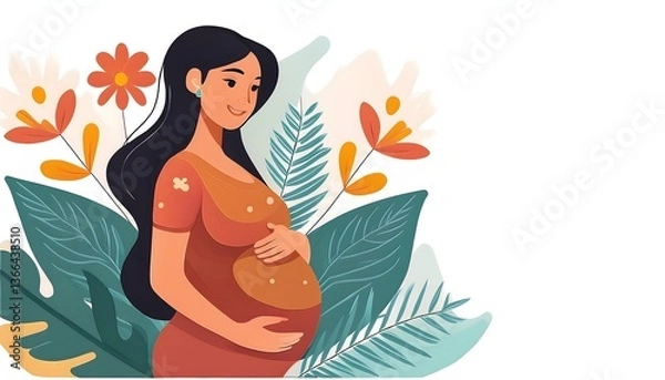 Obraz beautiful smile pregnant mom, flower and leaves, isolated on a white background, flat vector illustration, copy space for text; concept of health care pregnancy