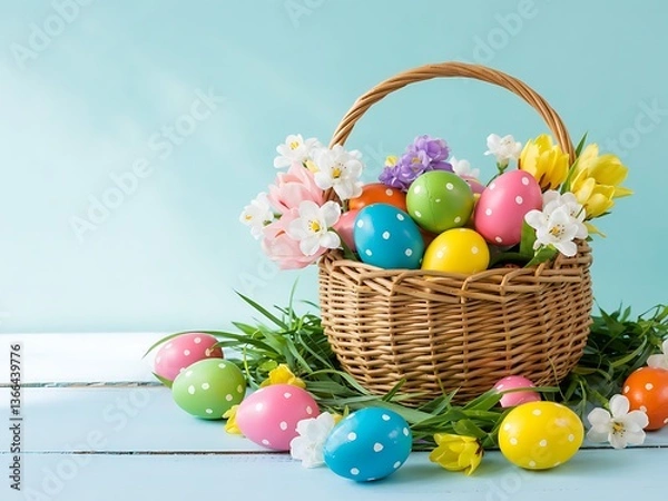 Fototapeta Beautiful Easter Basket Filled with Colorful Polka-Dot Eggs and Fresh Spring Flowers on a Rustic Wooden Table Against a Soft Pastel Blue Background for a Joyful Holiday Celebration. Easter Holiday art