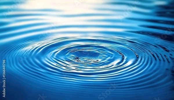 Fototapeta A water droplet falling into a blue water surface, creating ripples that spread outward, the surface reflecting soft light, a blurred blue water background