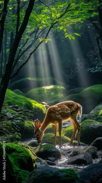 Obraz In the ancient forest,sunlight filters through the thick branches and leaves,forming golden beams. A deer is grazing in the light spots,surrounded by moss - covered boulders and a winding stream.