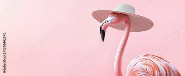 Fototapeta Stylish flamingo in straw hat against pastel pink background