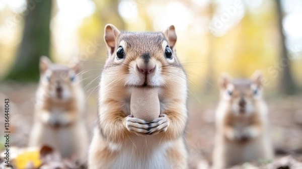 Fototapeta Three chipmunks holding nuts in autumnal forest