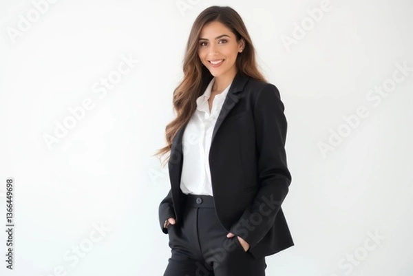 Fototapeta Half-Length (Waist-Up) portrait of young stylish smiling Saudi female model in formal wear isolated on pure white background looking at camera
