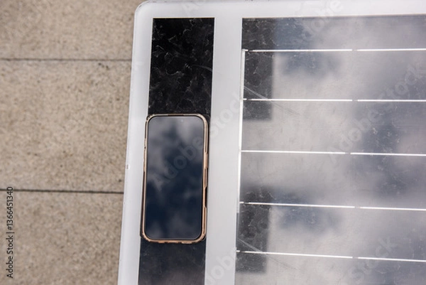 Fototapeta Modern smartphone charging wirelessly on a solar-powered public bench, providing sustainable energy for mobile devices in an urban environment