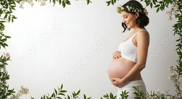 Obraz Beautiful smile pregnant mom, flower and leaves, isolated on a white background, copy space for text; concept of health care pregnancy, Mother's Day