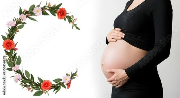 Obraz Beautiful smile pregnant mom, flower and leaves, isolated on a white background, copy space for text; concept of health care pregnancy, Mother's Day