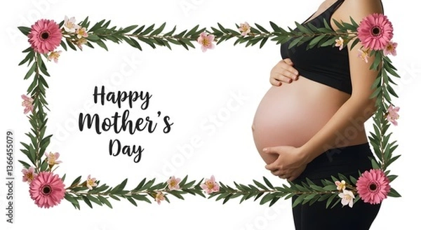 Obraz Beautiful smile pregnant mom, flower and leaves, isolated on a white background, copy space for text; concept of health care pregnancy, Mother's Day