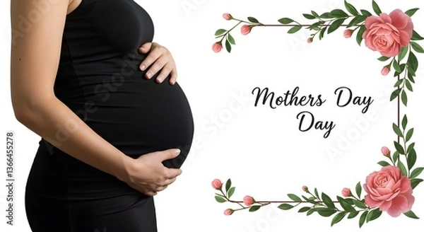 Obraz Beautiful smile pregnant mom, flower and leaves, isolated on a white background, copy space for text; concept of health care pregnancy, Mother's Day