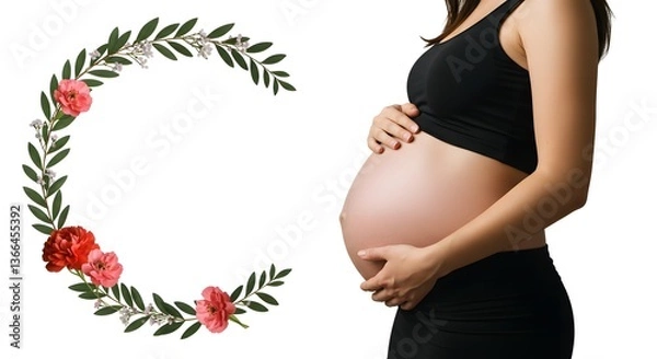 Obraz Beautiful smile pregnant mom, flower and leaves, isolated on a white background, copy space for text; concept of health care pregnancy, Mother's Day