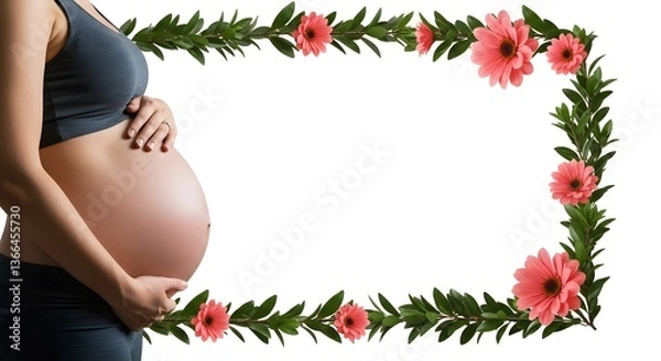 Obraz Beautiful smile pregnant mom, flower and leaves, isolated on a white background, copy space for text; concept of health care pregnancy, Mother's Day