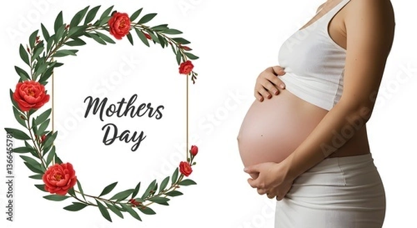 Obraz Beautiful smile pregnant mom, flower and leaves, isolated on a white background, copy space for text; concept of health care pregnancy, Mother's Day