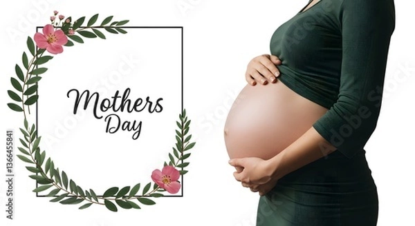 Obraz Beautiful smile pregnant mom, flower and leaves, isolated on a white background, copy space for text; concept of health care pregnancy, Mother's Day