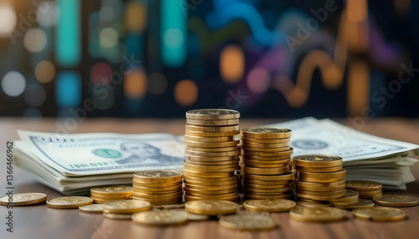 Obraz Coins and cash are on a wooden surface with charts