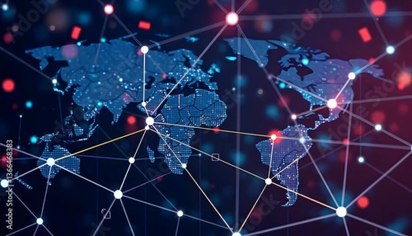 Fototapeta A visualization of global network connections and data transfer