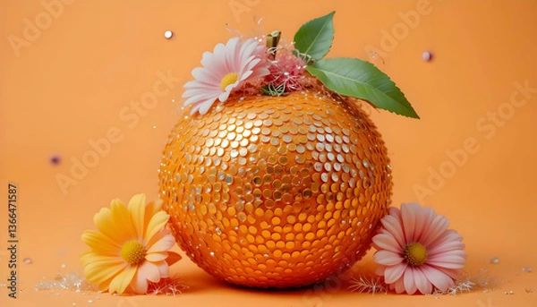 Obraz A decorative orange sphere adorned with flowers and glitter elements