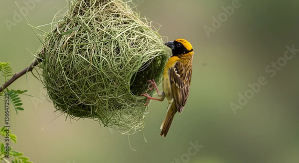 Fototapeta Southern masked weaver meticulously crafting its intricate hanging nest masterpiece