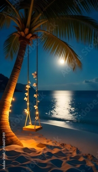 Obraz A palm tree with a swing and the moon over the ocean