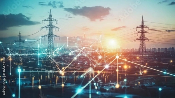Fototapeta An AI powered system optimizing energy grids by analyzing consumption data, grid stability, and renewable energy generation to balance energy distribution