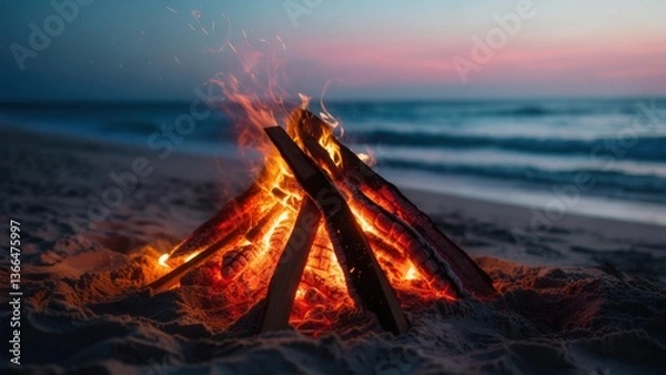 Obraz Campfire burns brightly on the beach at dusk near the ocean waves