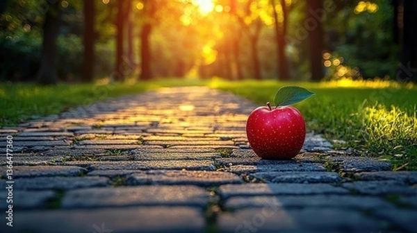 Fototapeta Red apple on a pathway in a park at sunset