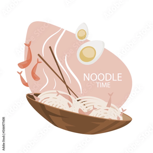 Obraz Noodle time vector illustration. Yaki Udon with many shrimps, boiled egg. Big bowl hot dish with chopsticks. Asian cuisine concept. Cartoon food art. Funny culinary element. Graphic banner template
