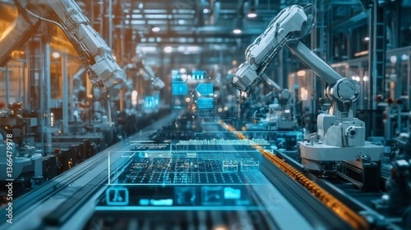 Fototapeta An AI powered system optimizing industrial automation by analyzing real time machine performance, AI-assisted predictive maintenance, and robotic process optimization for efficient manufacturing