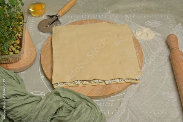 Obraz Square sheet of dough on wooden board. Rolling pin, cutter, egg, green towel, microgreens sprouts on kitchen table. Home cooking baking puffs