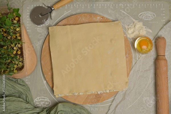 Obraz Top view square sheet of dough on wooden board. Rolling pin, cutter, egg, green towel, microgreens sprouts on kitchen table. Home cooking baking puffs