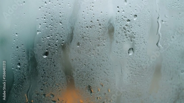 Fototapeta Thick condensation on a foggy mirror reveals swirling patterns and droplets after a warm shower in a cozy bathroom