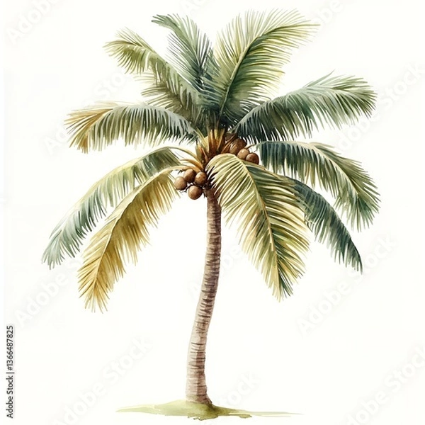 Fototapeta Lush Watercolor Painting of a Tropical Coconut Palm Tree with Coconuts