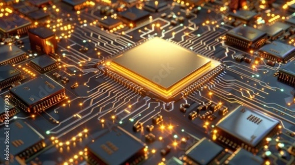Fototapeta HighTech Circuit Board with Illuminated Components and Central Processor Unit for Electronics