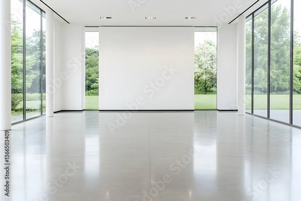 Fototapeta Empty, modern room with large windows and polished floor, showcasing a blank wall