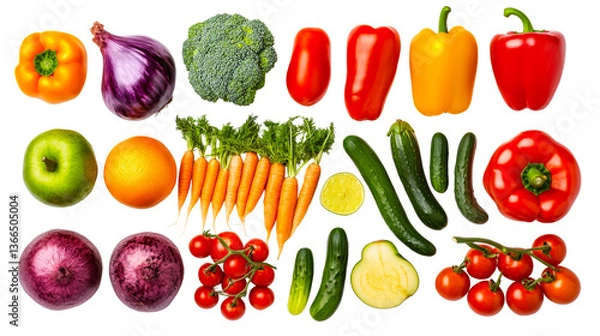 Fototapeta Assorted colorful vegetables and fruits on black background, cut out transparent