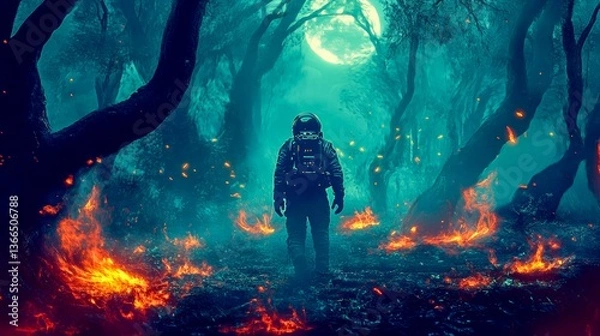 Fototapeta Astronaut explores a burning forest under a bright moon in a surreal, dreamlike atmosphere