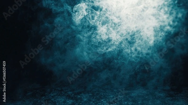 Fototapeta Smoke cloud scene, dramatic lighting, dark background.  Possible use Product display, promotional image