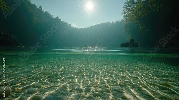 Fototapeta Crystal clear riverbed, sunlit forest. Underwater view. Possible use Nature photography
