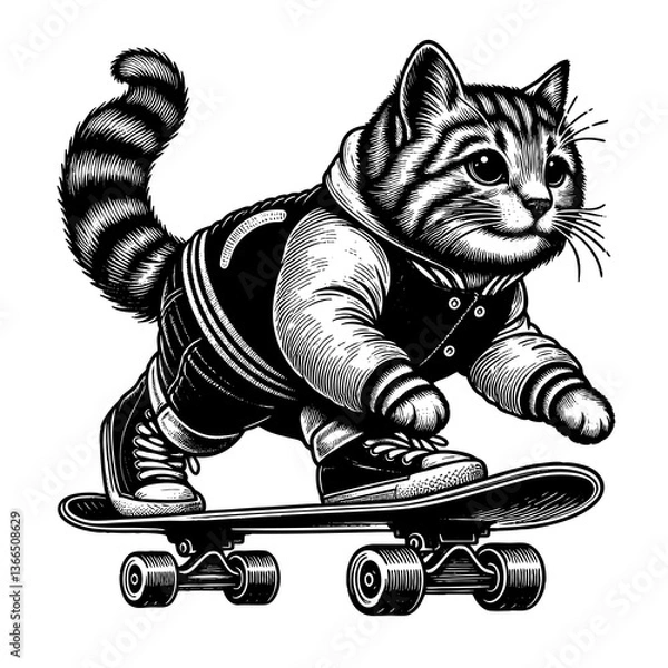 Fototapeta cute cat in sneakers and hoodie riding a skateboard, ideal for playful and quirky designs engraving generative ai sketch PNG illustration