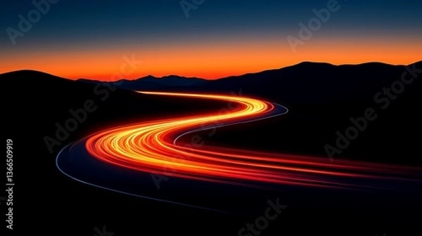Fototapeta A Winding Road Illuminated at Sunset with Streaks of Light