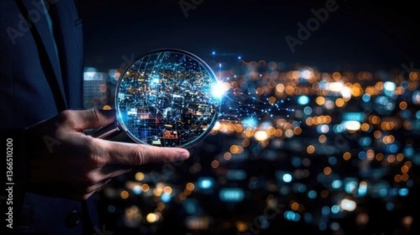 Fototapeta Man holds lens with cityscape reflecting in it, representing future technology at night