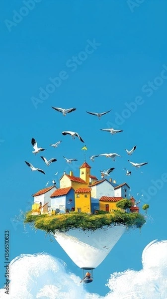 Fototapeta Floating village, birds flying, blue sky, whimsical illustration, children's book