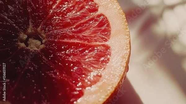 Fototapeta Close-up of half of juicy red citrus fruit with leaf shadows on surface.  Food blogs, beverage labels