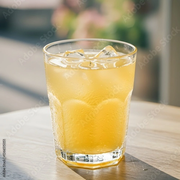 Fototapeta A refreshing glass of cold fresh orange juice with ice and a slice of orange