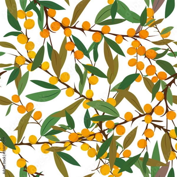 Fototapeta seamless summer pattern: green leaves and yellow sea buckthorn berries. botanical vector design for textile, wrapping, and natural decor