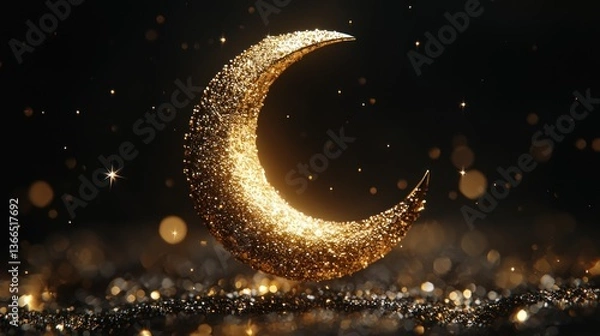 Fototapeta Golden crescent moon on a dark background