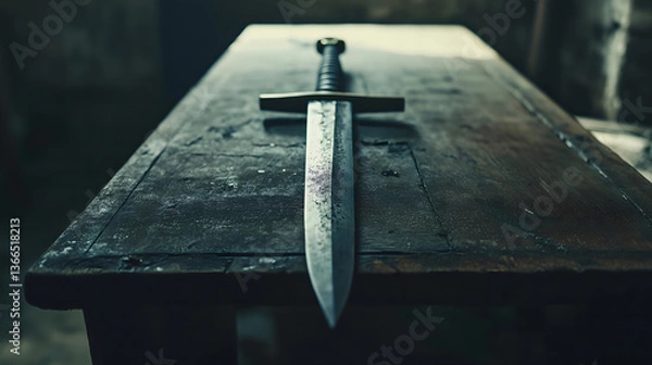 Obraz Medieval Dagger Resting on a Wooden Table